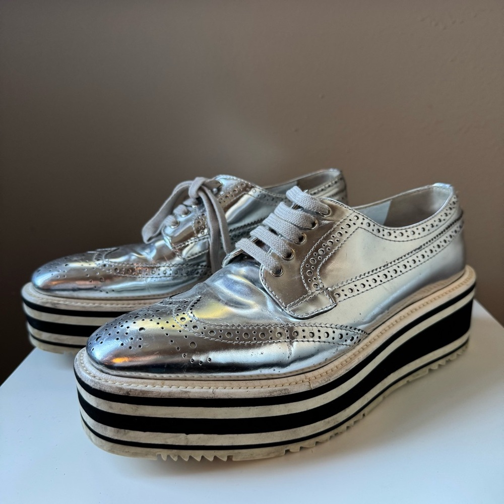 Prada Metallic Silver Leather Platform Brogue Derby Oxfords 23cm Cyberpunk Space - Picture 6 of 11
